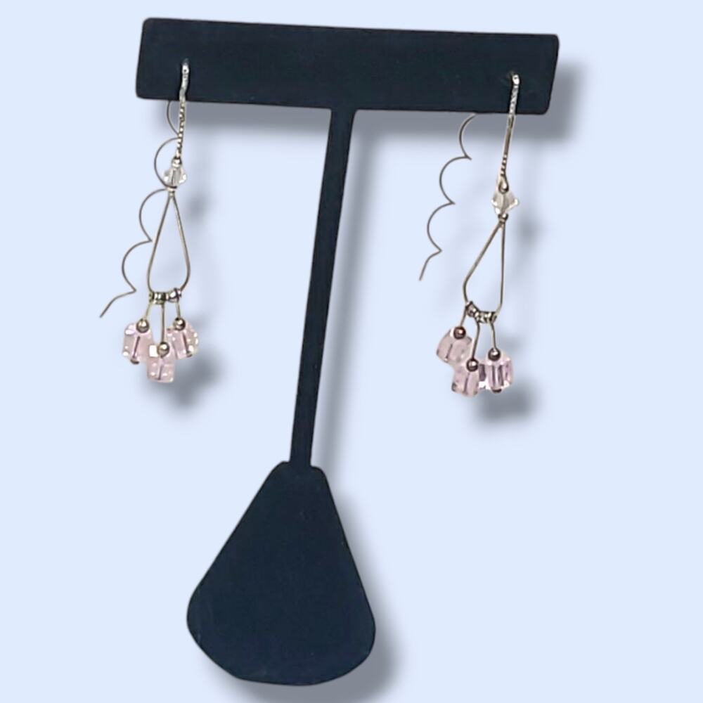Sterling Silver 925 Pink Crystal Corkscrew Hook Dangle Earrings
